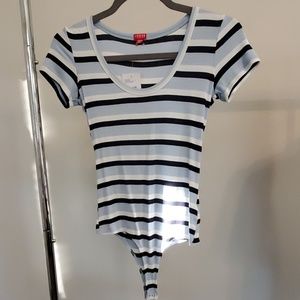 Blue and white striped body suit